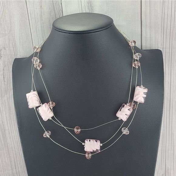 Baby Pink Square Shell & Crystal Floating Bead Necklace 19" plus 3" Extender - Picture 3 of 5